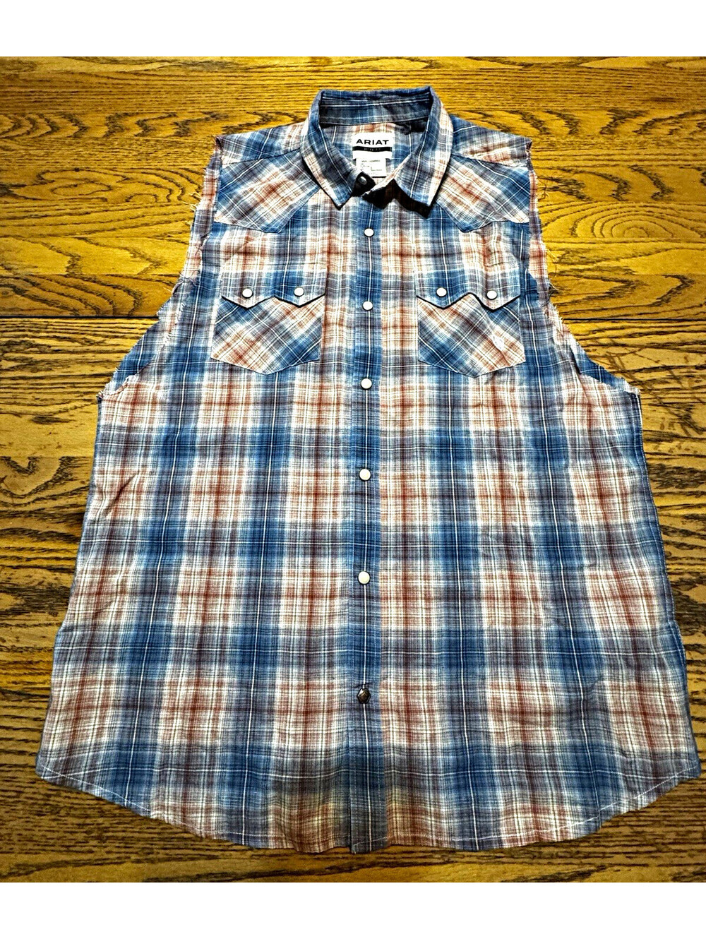 Ariat Retro Fit Mens L Sleeveless Plaid Pearl Snap Western Cowboy Shirt
